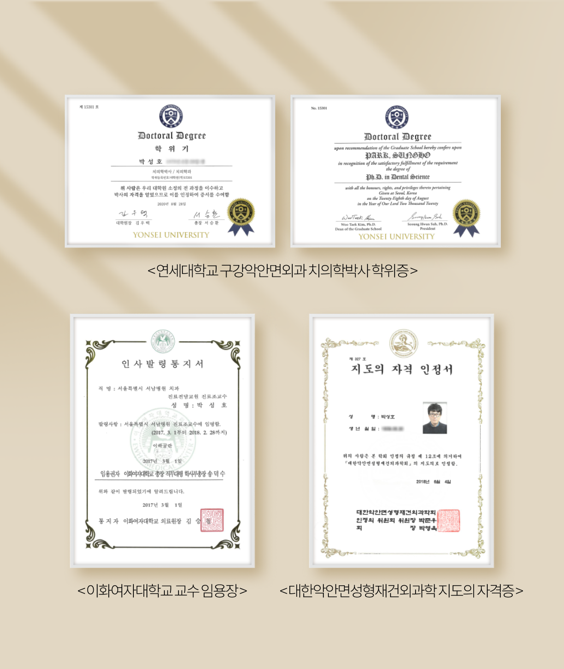 연세대학교 구강악안면외과 치의학박사 학위증, 이화여자대학교 교수 임용장, 대한악안면성형재건외과학 지도의 자격증